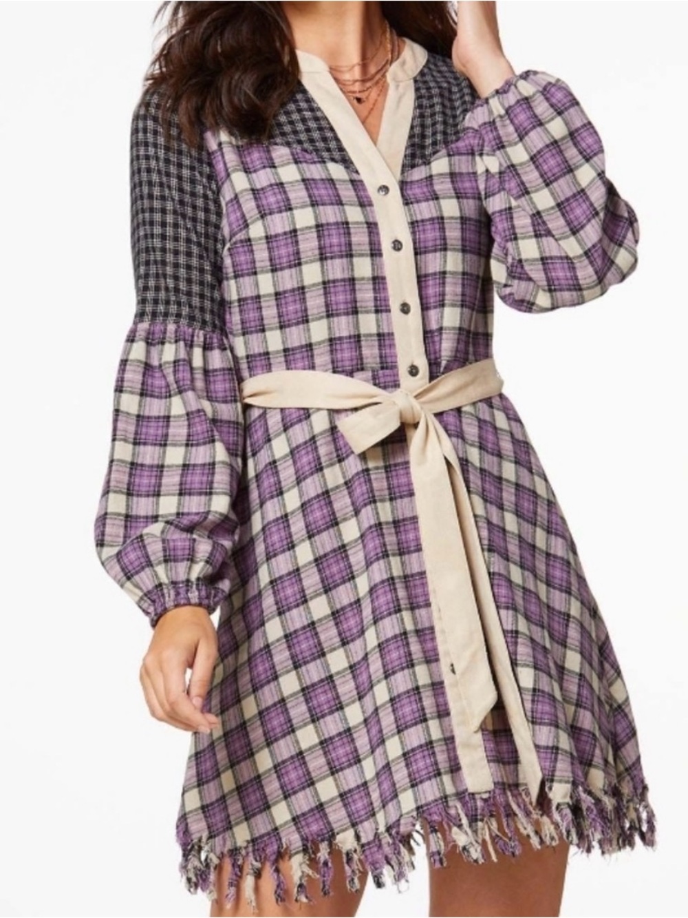 Cato Purple Cream Plaid Balloon Sleeve Fringe Hem Mini Dress Boho Fall 14/16W